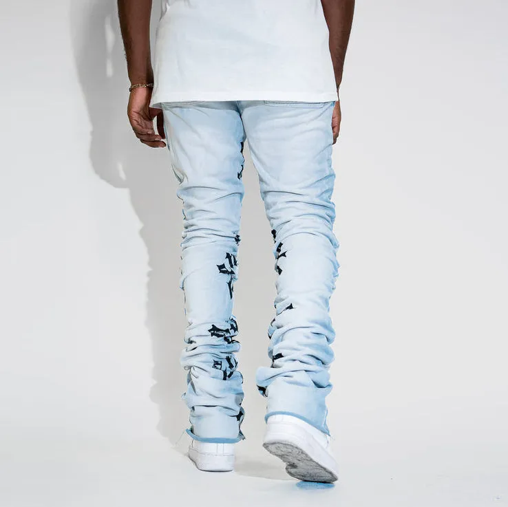 Casual street retro washed printed street stacked denim trousers