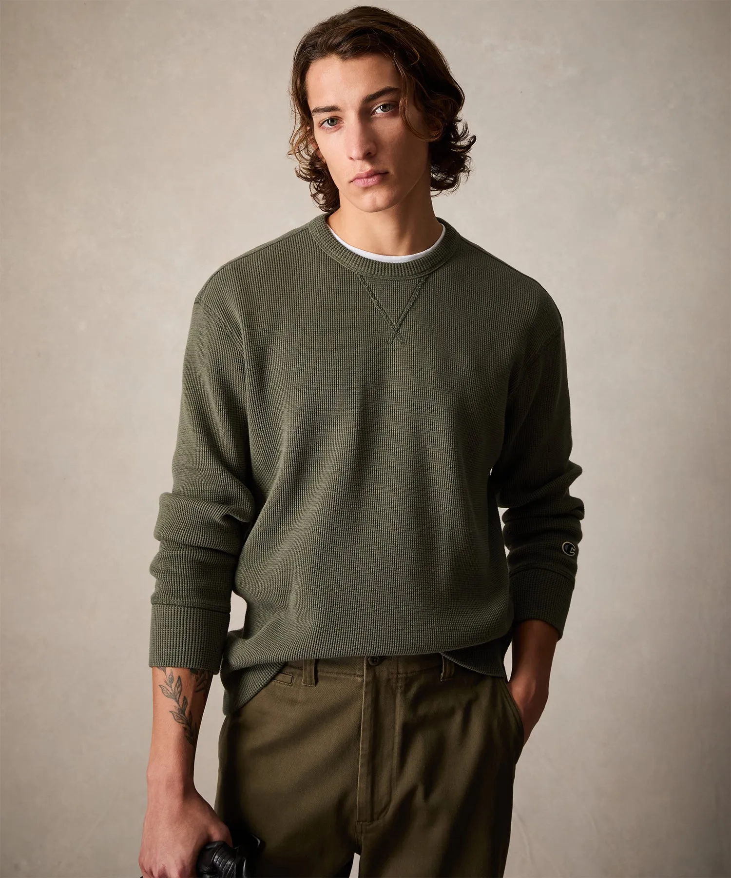 Champion Oversized Waffle Crewneck in Olive