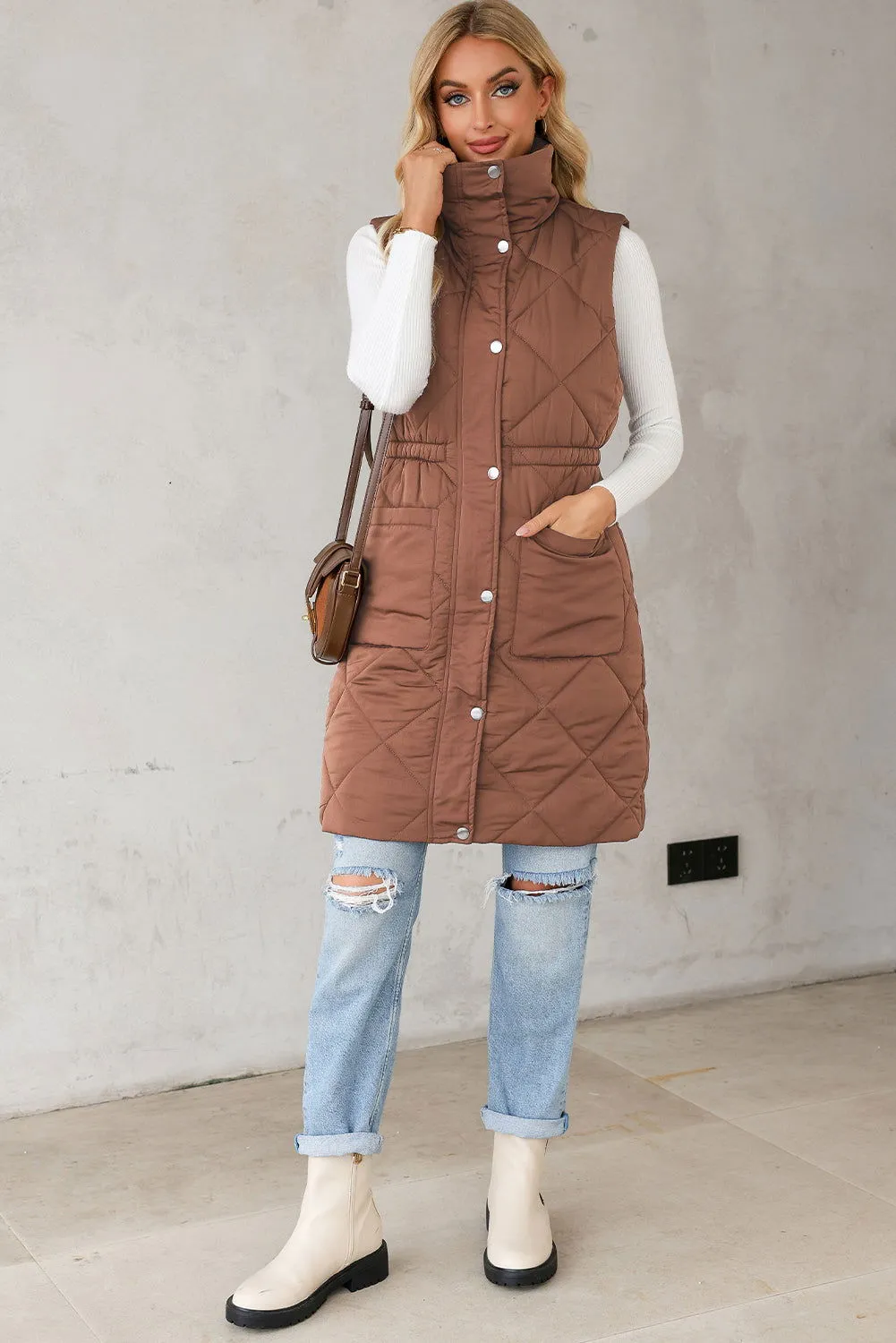 Coffee Puffer Quilted Stand Collar Pocketed Vest Coat