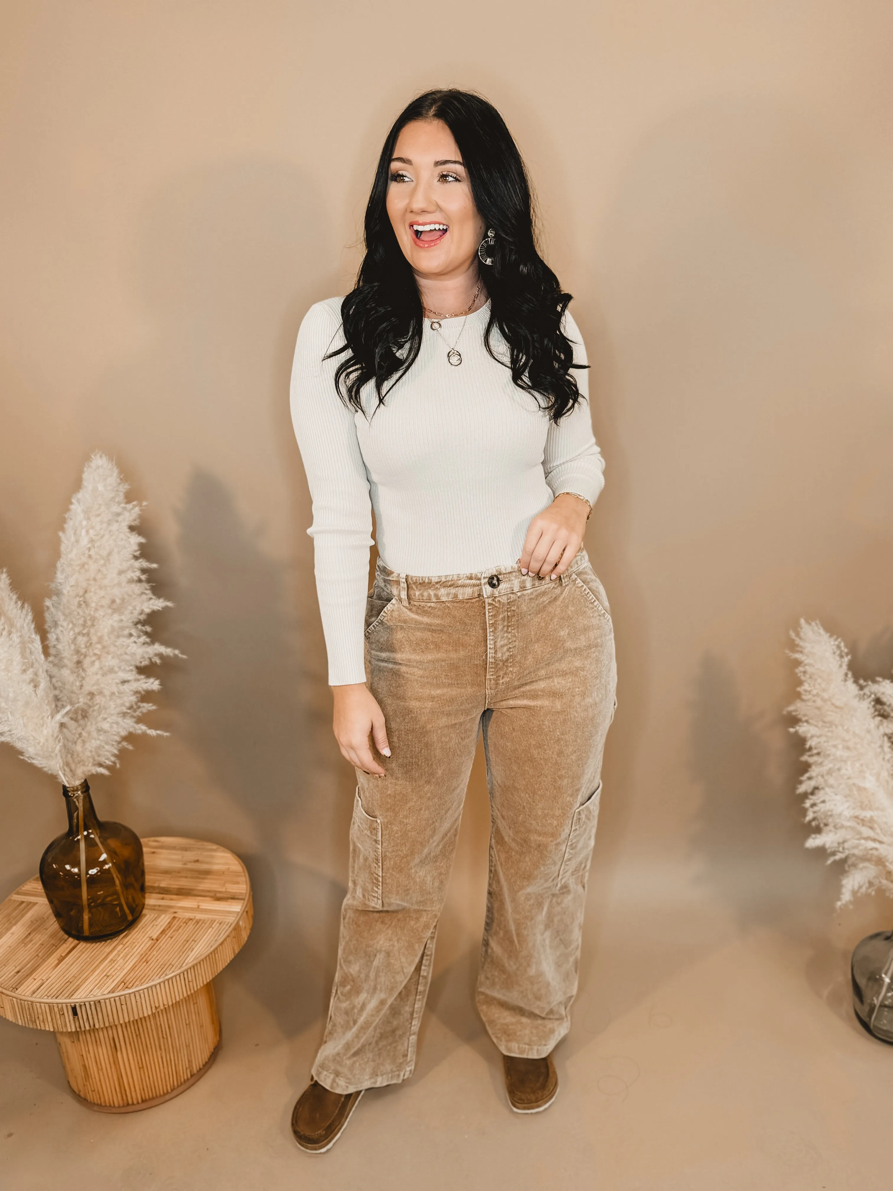 Corduroy Wide Leg Cargo Pants - Taupe