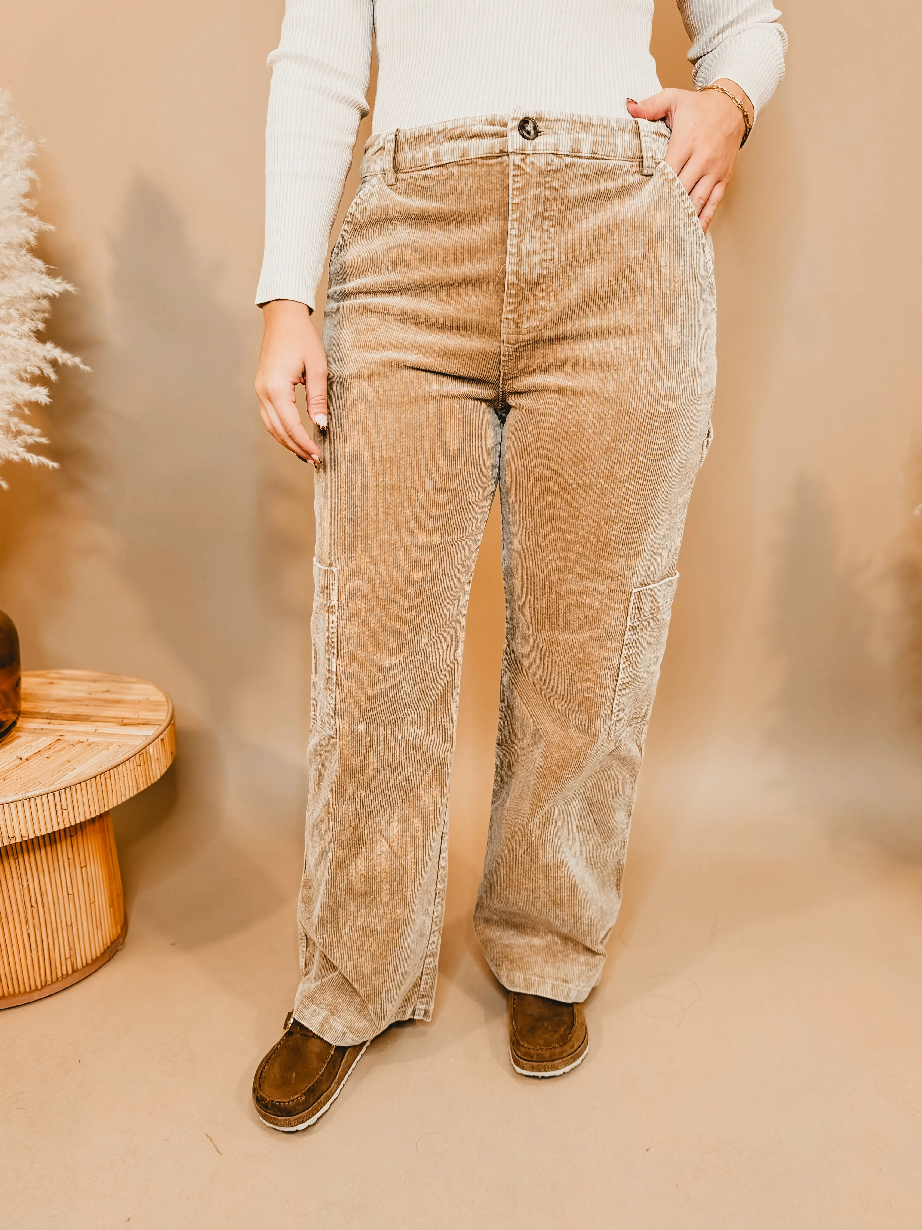 Corduroy Wide Leg Cargo Pants - Taupe