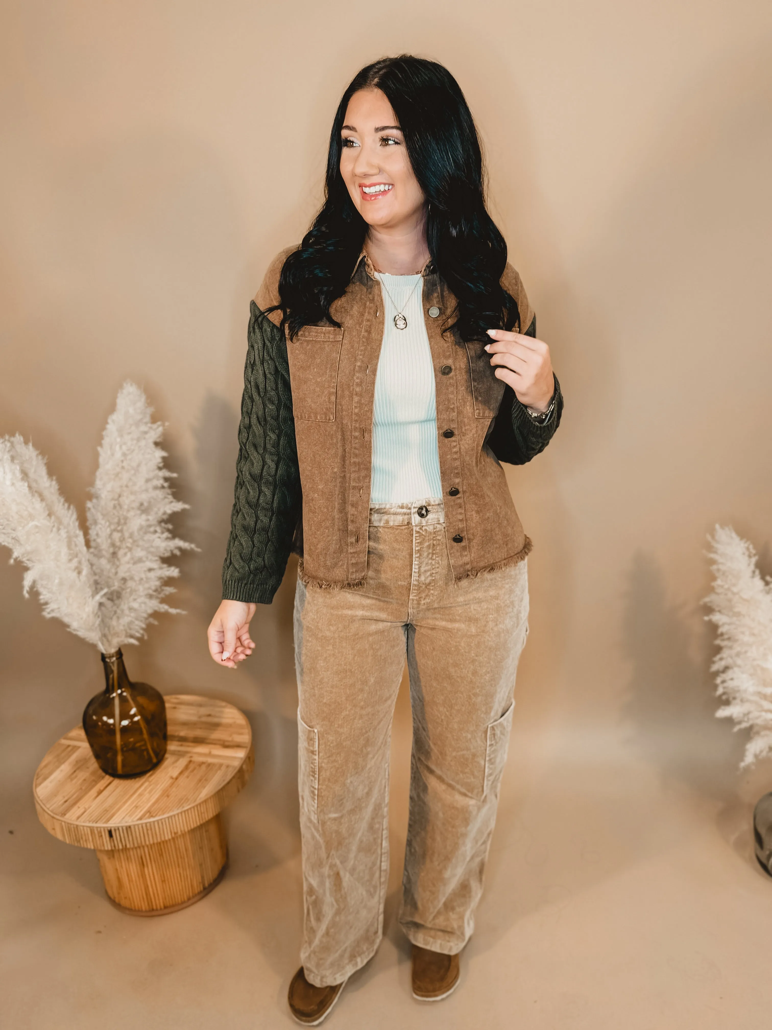 Corduroy Wide Leg Cargo Pants - Taupe