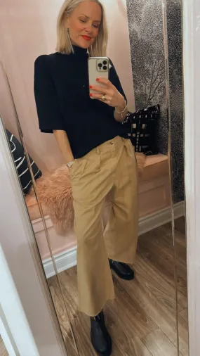 Cropped Double Pleat Wide Leg Chino