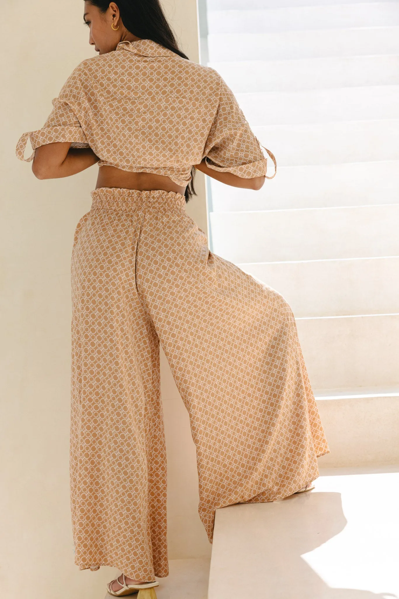 Cyra Beige Geo Wide Leg Cropped Pants