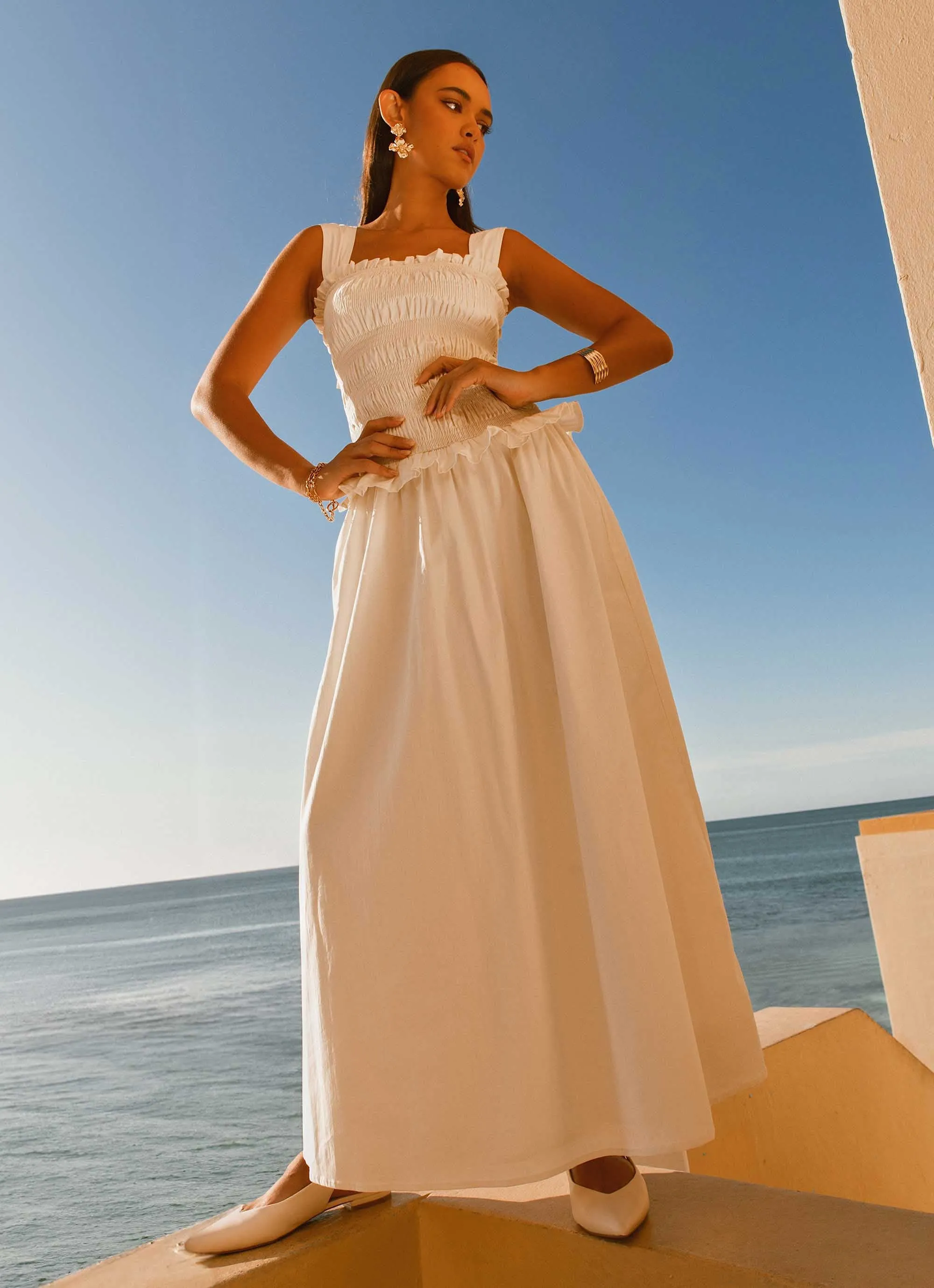 Deana Shirred Maxi Dress - White