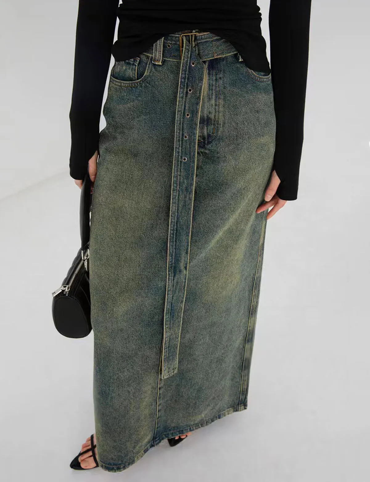 Dirty Denim Belted Maxi Skirt