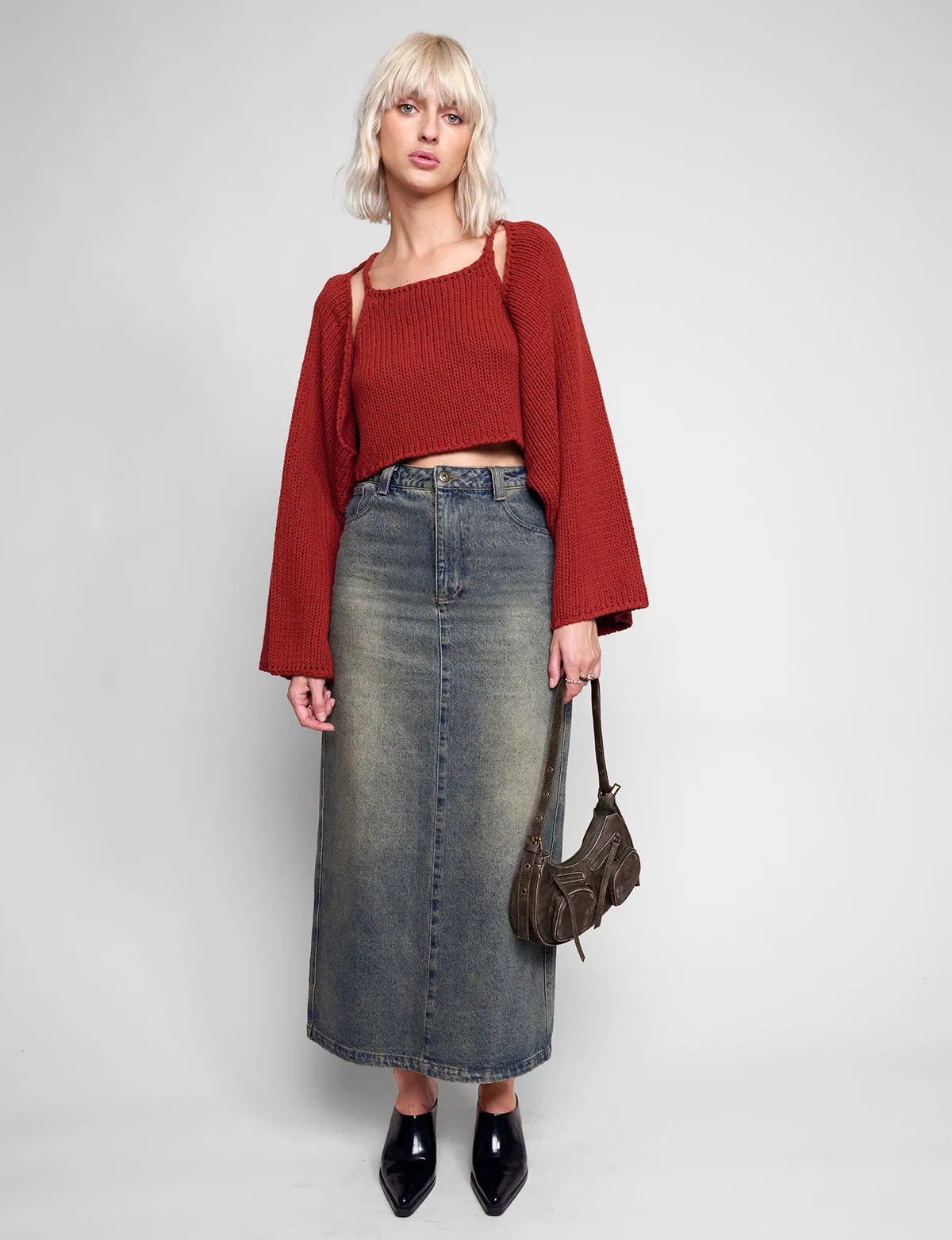 Dirty Denim Belted Maxi Skirt