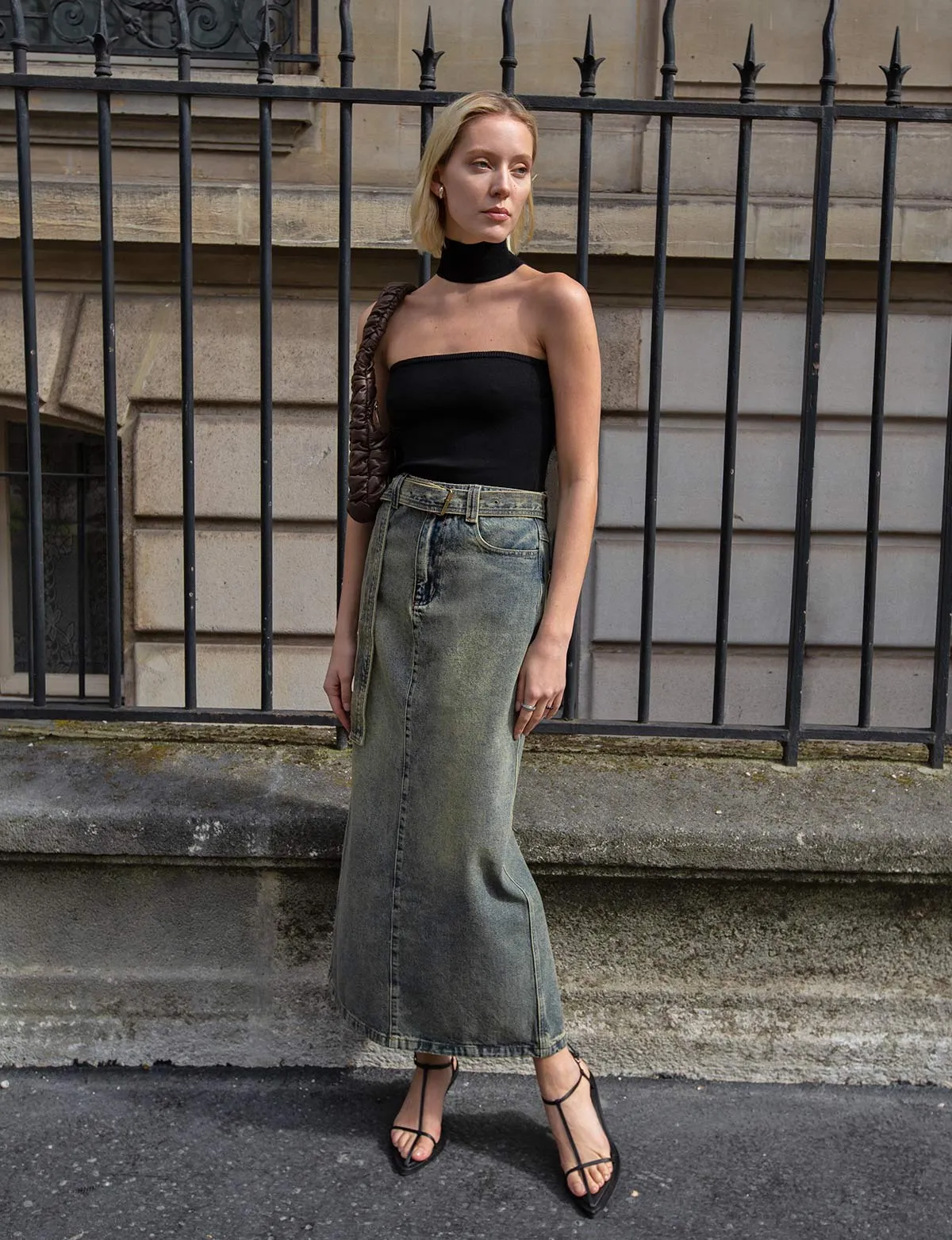 Dirty Denim Belted Maxi Skirt