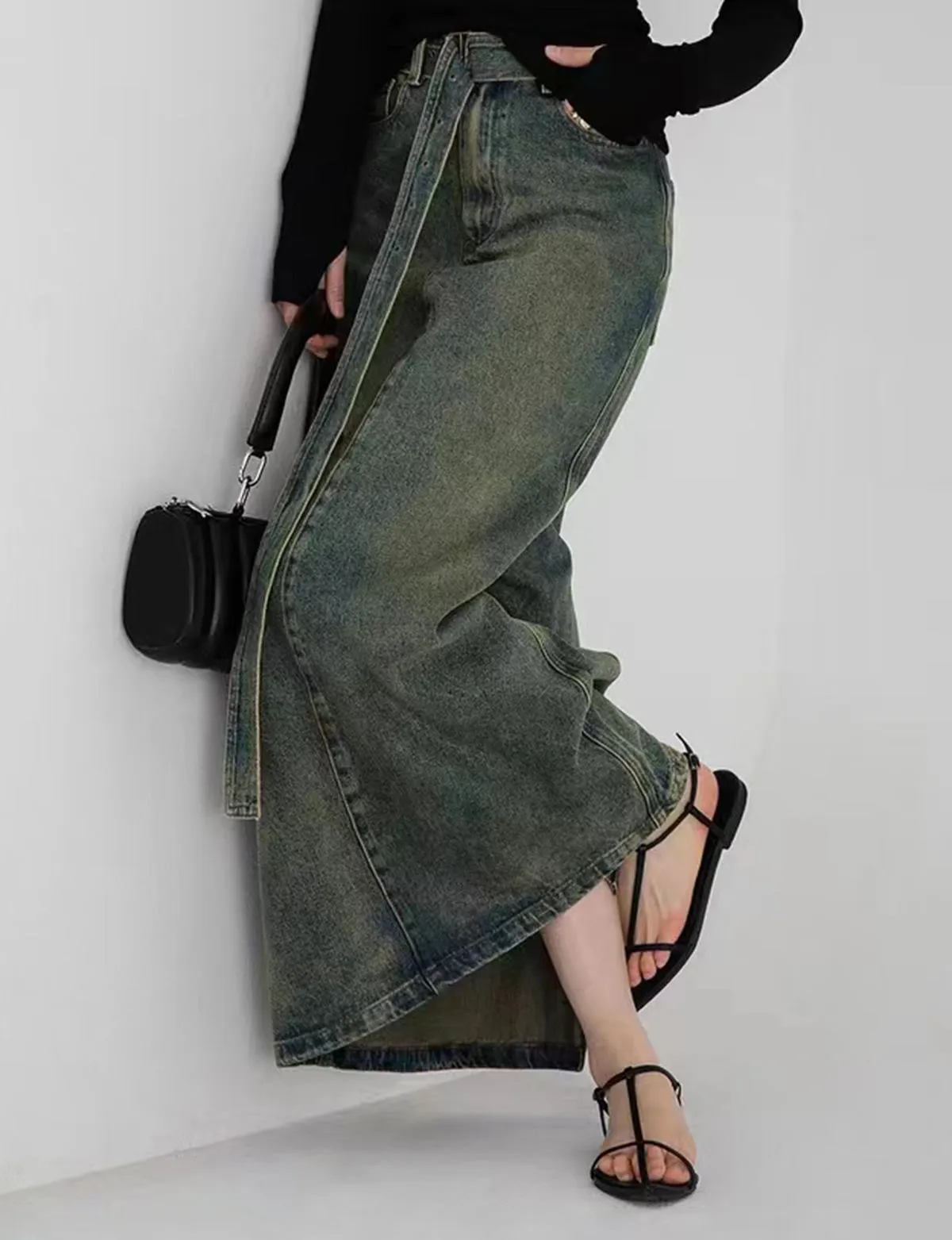 Dirty Denim Belted Maxi Skirt