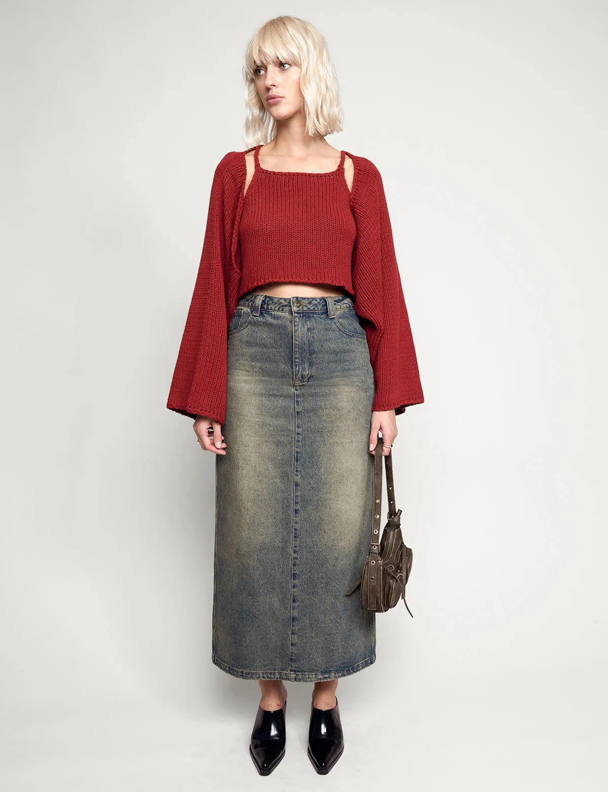 Dirty Denim Belted Maxi Skirt