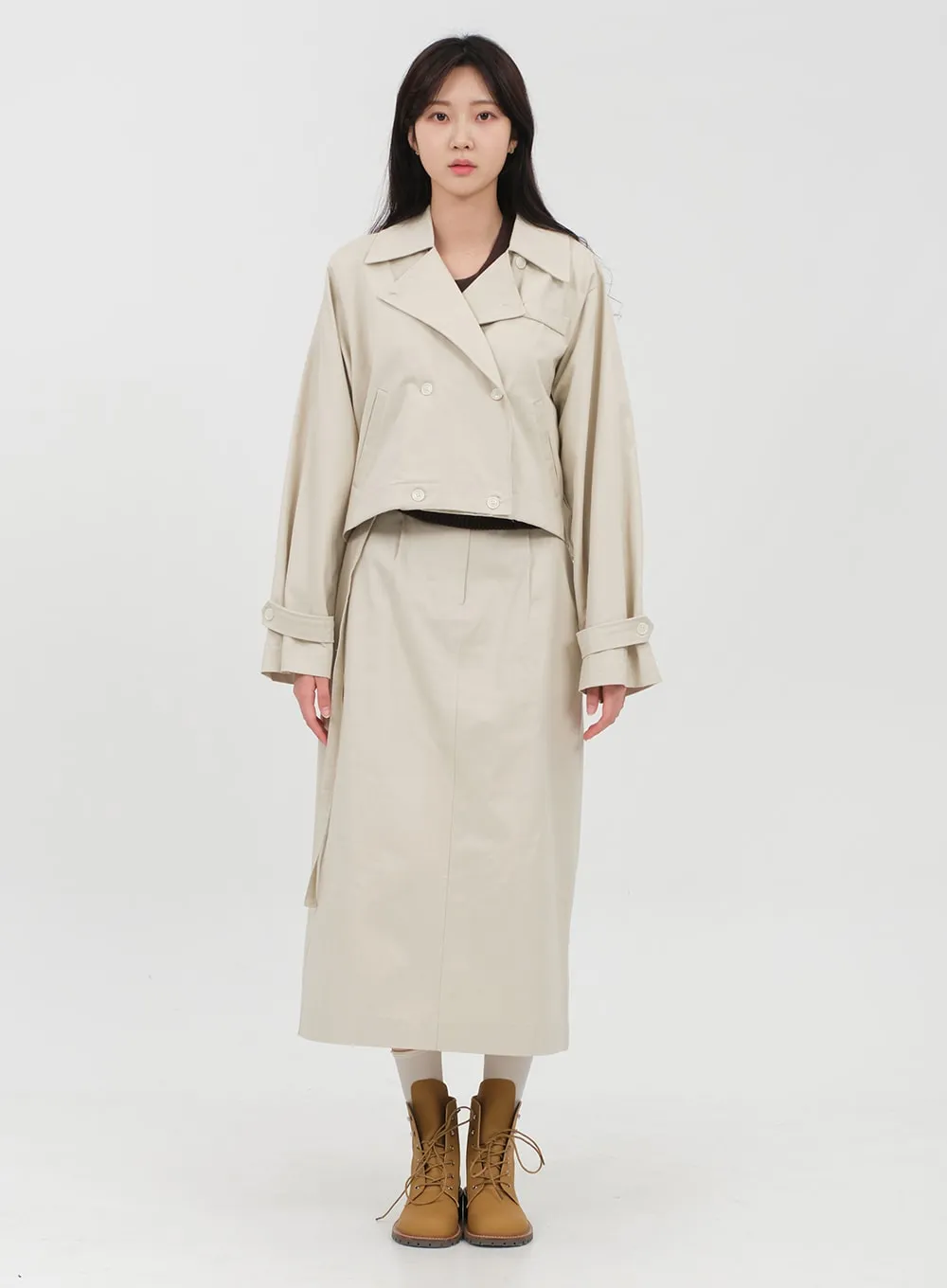 Double Button Cropped Trench Coat OA06