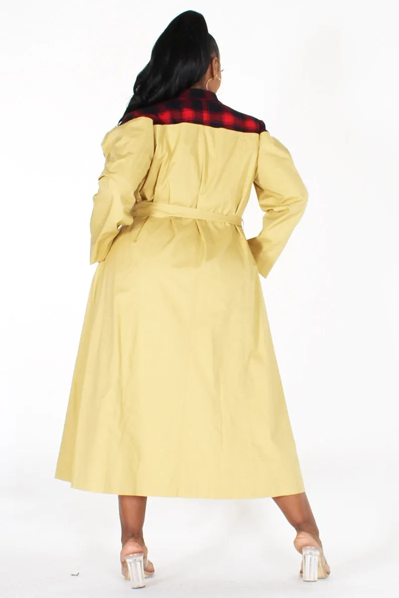 Eien EI1753X Belted Plaid PlusSize Trench Coat