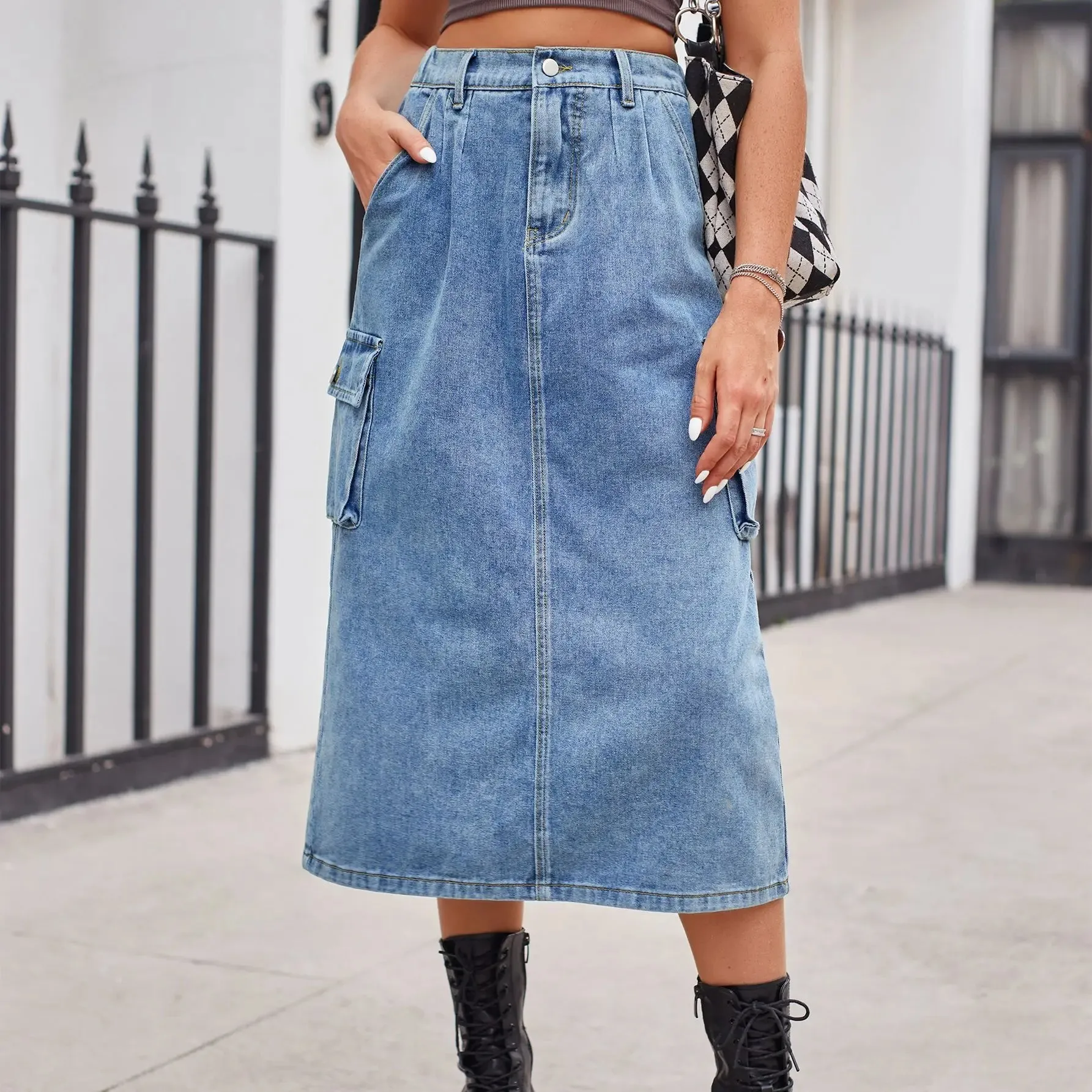 Elegant Straight Button Pockets Split Maxi Denim Skirt