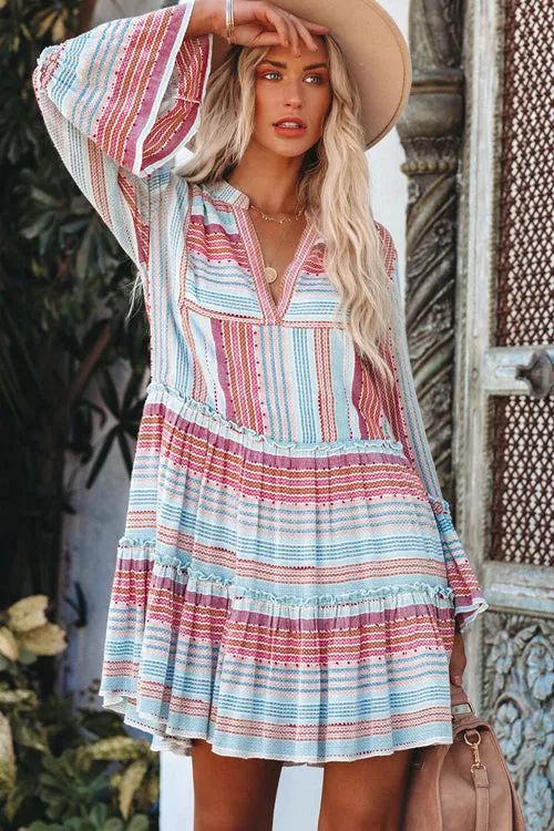 Express Yourself Striped Boho Print Long Sleeve Mini Dress