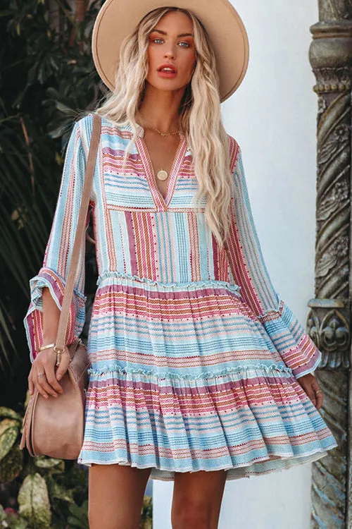 Express Yourself Striped Boho Print Long Sleeve Mini Dress