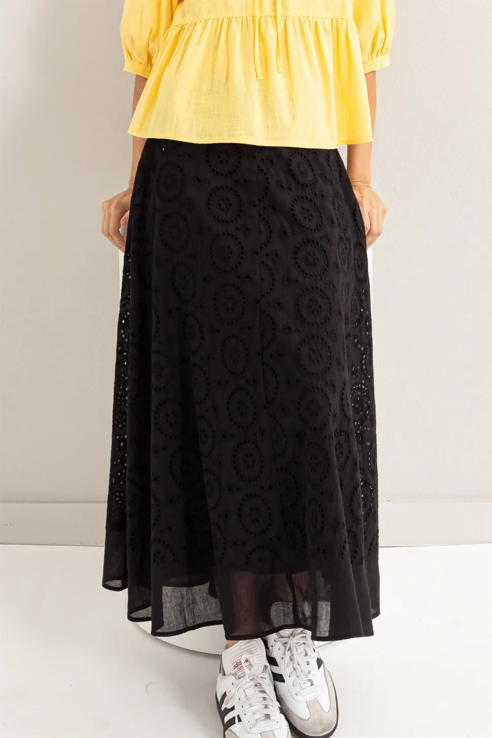 Eyelet High-Waist Midi Skirt