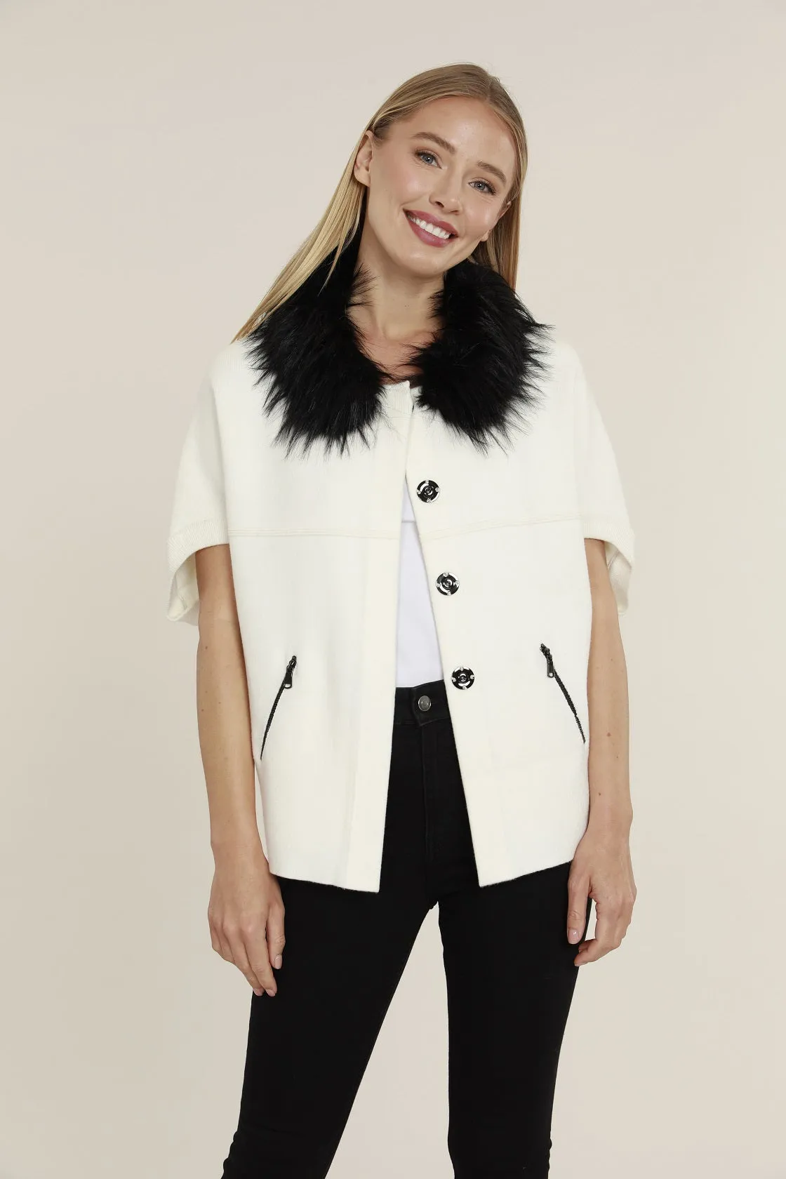 Faux Fur Collar Short Sleeve Cardigan