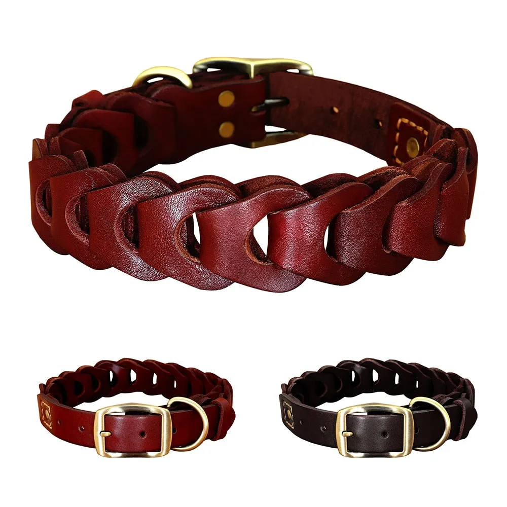 Genuine Leather Interlocked Style Dog Collar Medium to Large Dogs