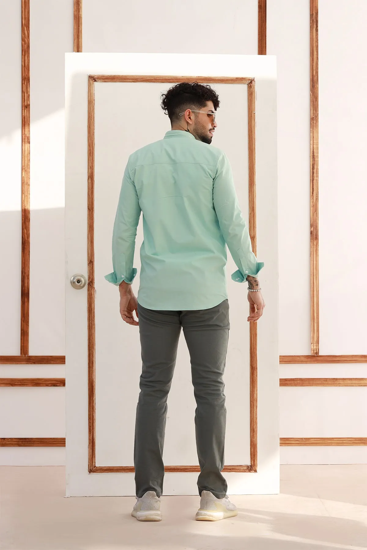 Green Ban Collar Poplin Shirt - P22 - MS0006R