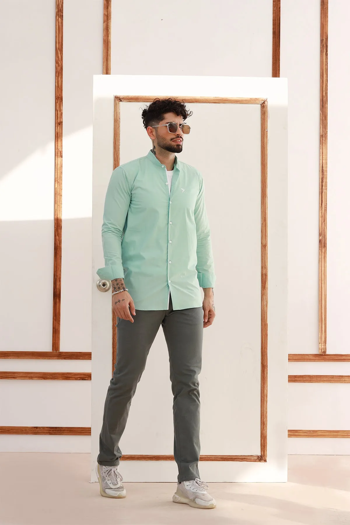 Green Ban Collar Poplin Shirt - P22 - MS0006R