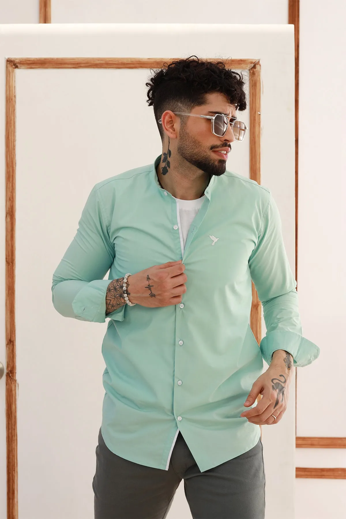 Green Ban Collar Poplin Shirt - P22 - MS0006R