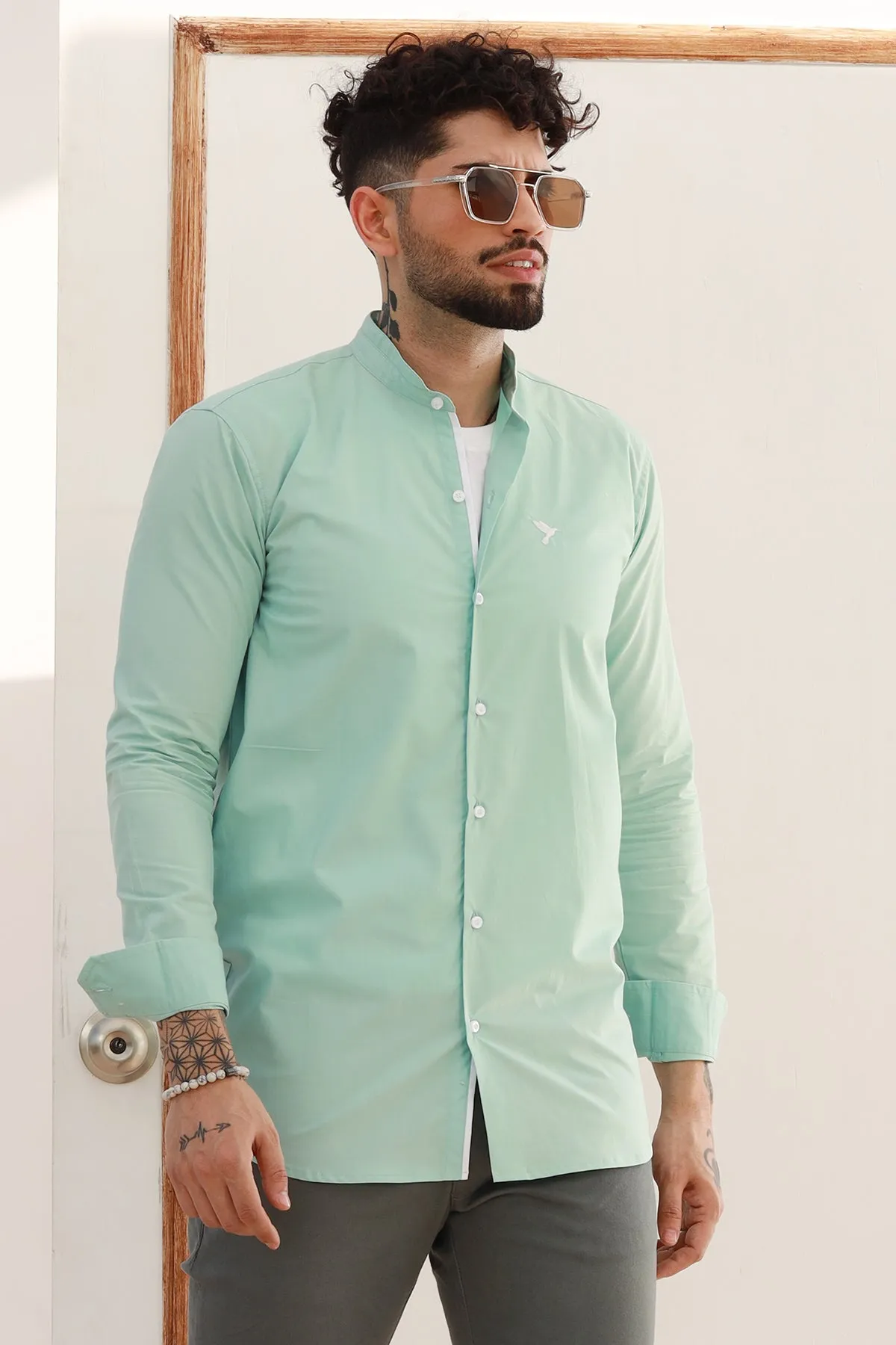 Green Ban Collar Poplin Shirt - P22 - MS0006R