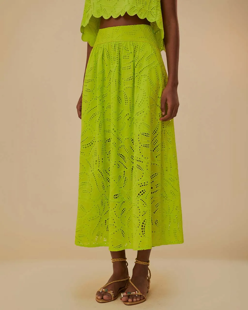 Green Monstera Eyelet Maxi Skirt