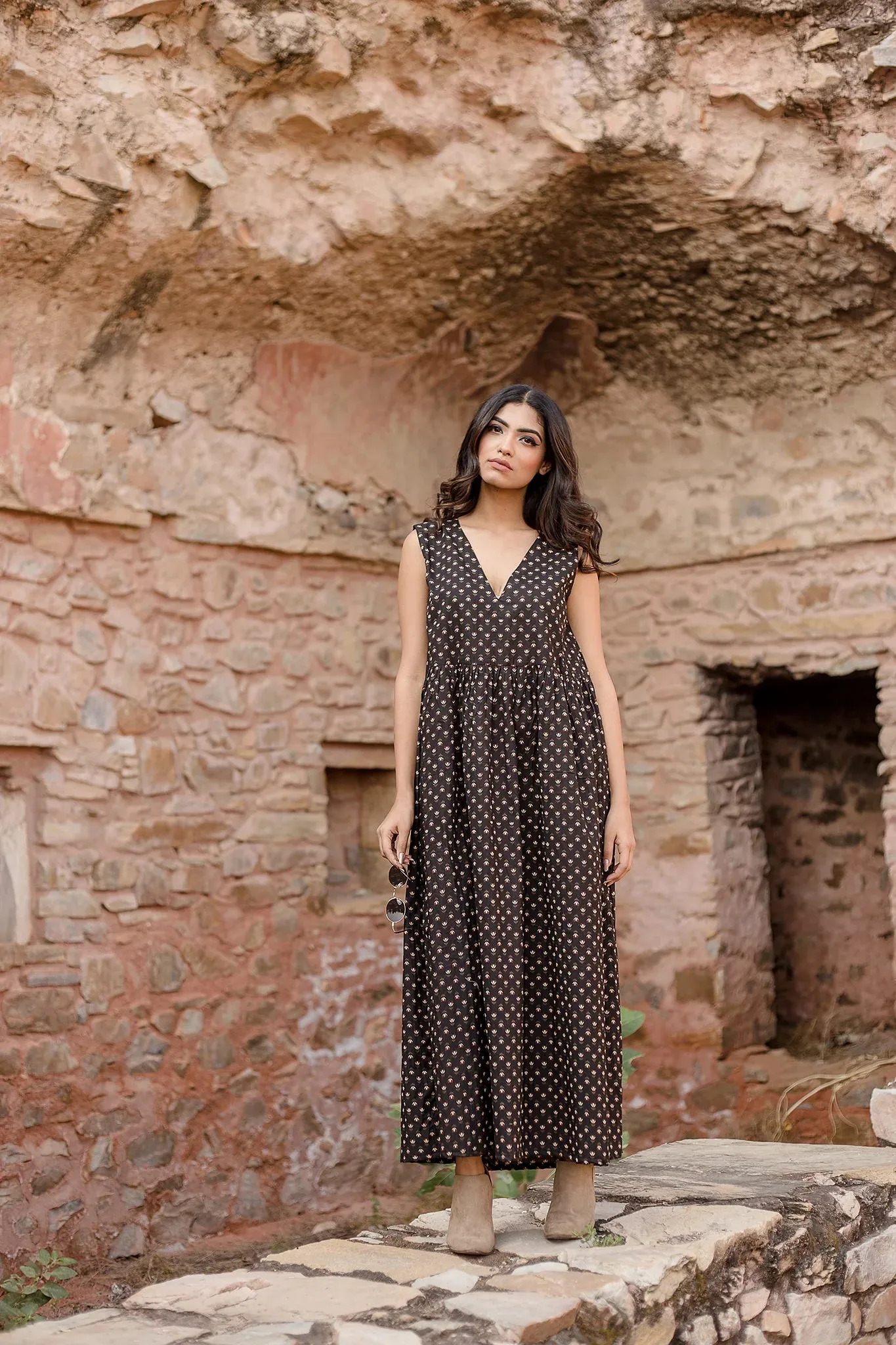 Hand Block Print Black Dress With Quilted Jacket