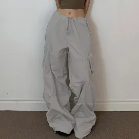 Harajuku Oversize White Drawstring Parachute Pants Folds Low Rise Tech Sweatpants Draped Casual Baggy Trousers Women