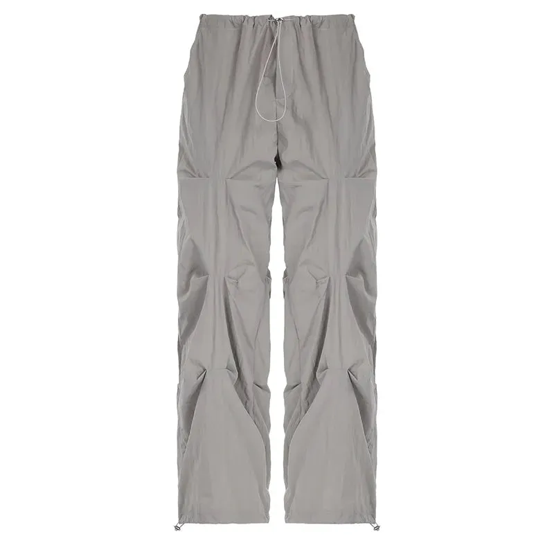 Harajuku Oversize White Drawstring Parachute Pants Folds Low Rise Tech Sweatpants Draped Casual Baggy Trousers Women