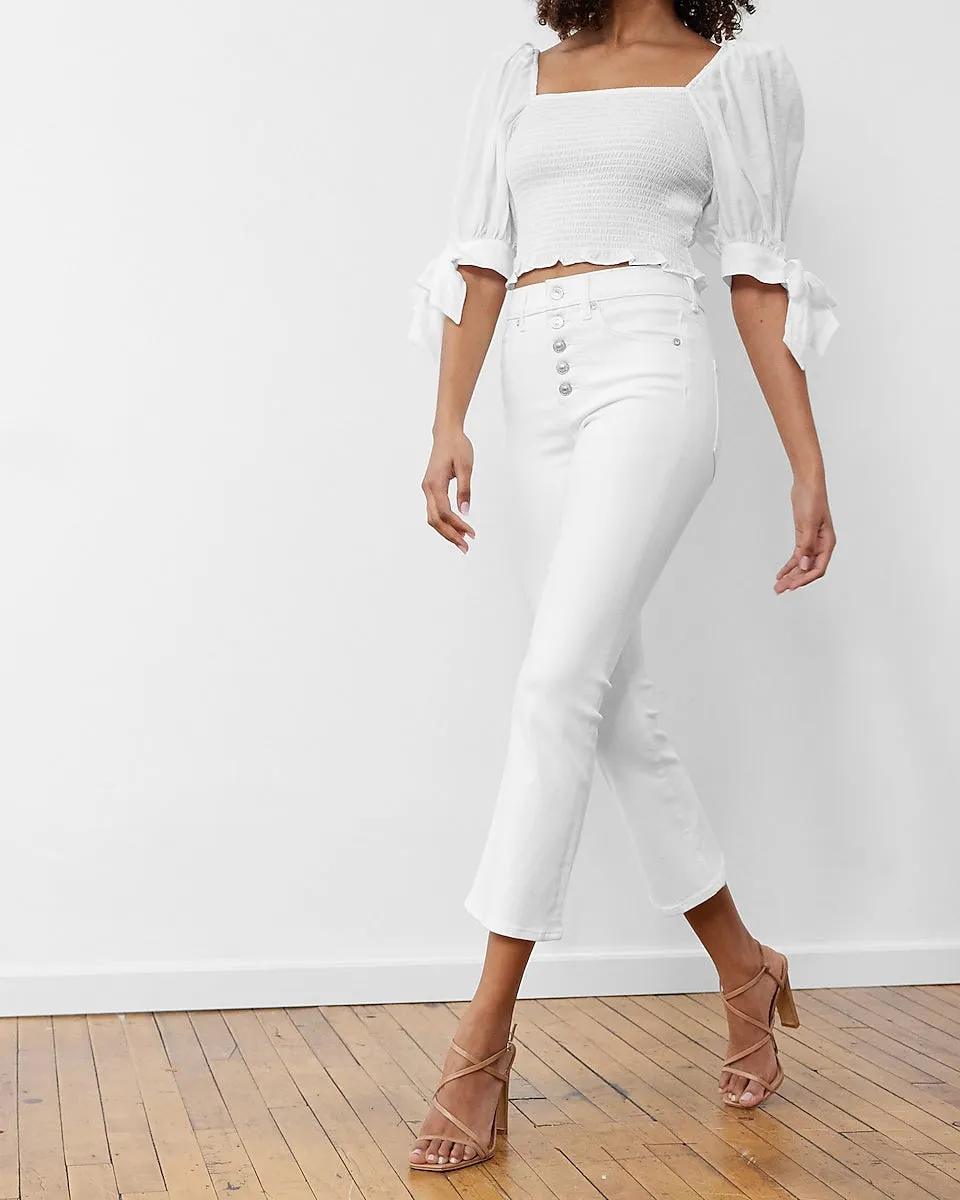 High Waisted White Cropped Flare Jeans in White