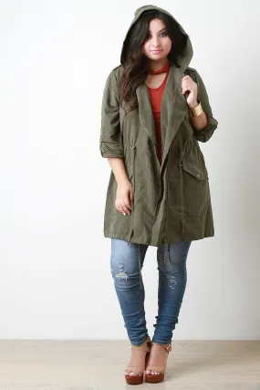 Hooded Zip Up Drawstring Utility Trench Coat