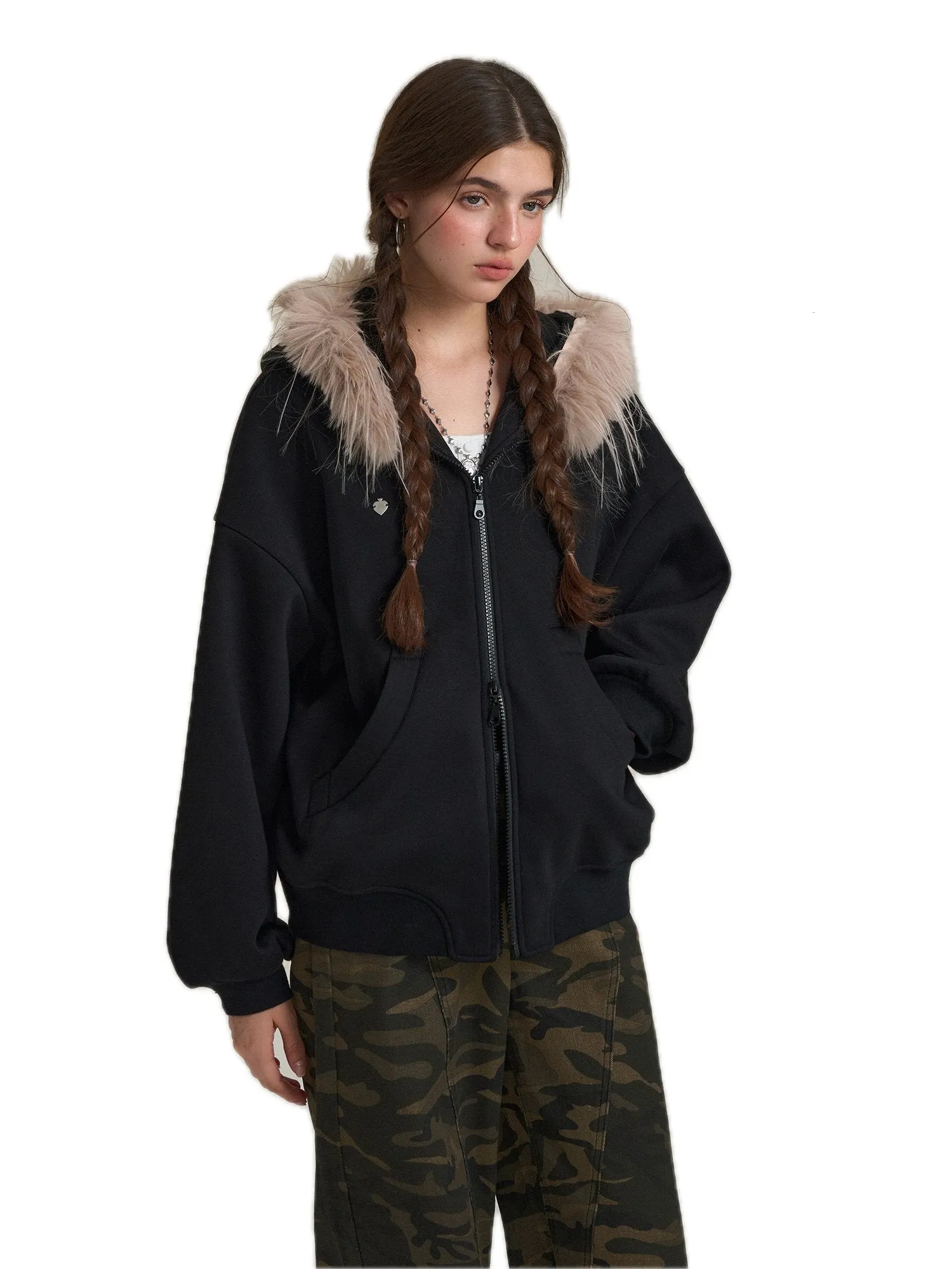 Hoodie With Detachable Fur Collar In Black