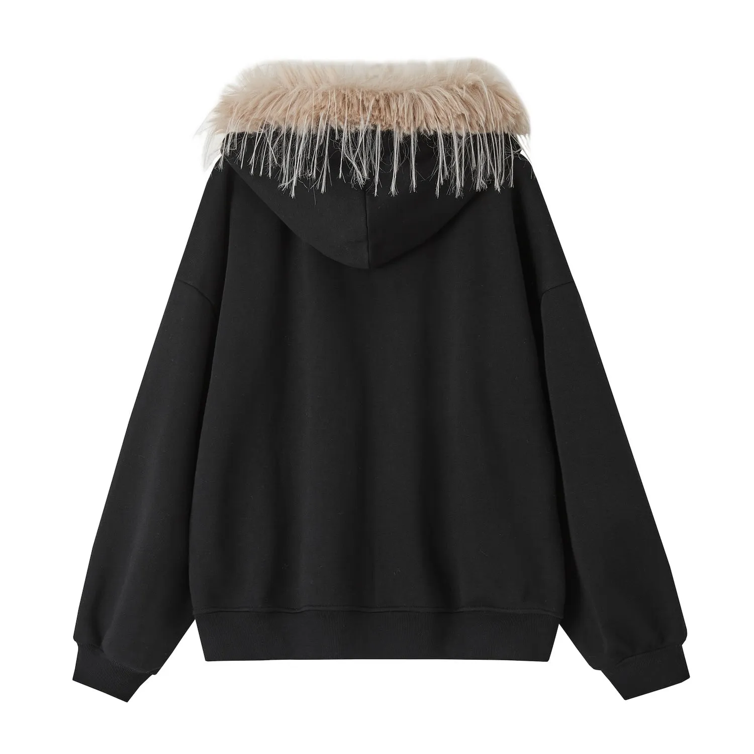 Hoodie With Detachable Fur Collar In Black