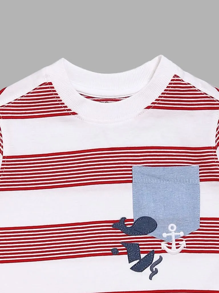 HOP Kids Striped Embroidered Red T-Shirt