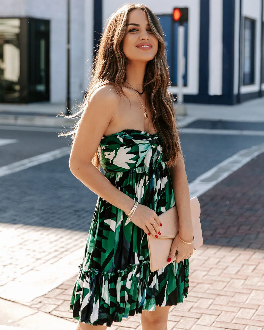 Hosta Leaf Strapless Tie Front Babydoll Dress