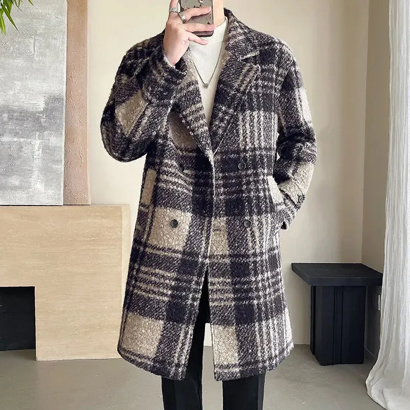 Ilooove British Style Jacquard Pattern Trench Coat Men Autumn Winter Mens Medium Long Coat Business Casual Streetwear Windbreaker