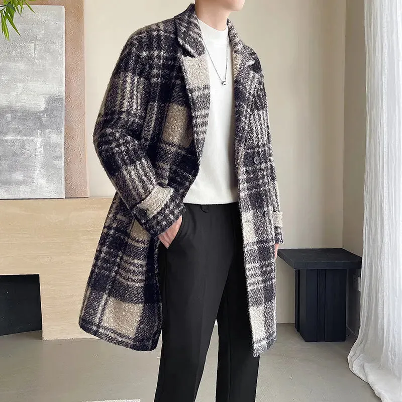 Ilooove British Style Jacquard Pattern Trench Coat Men Autumn Winter Mens Medium Long Coat Business Casual Streetwear Windbreaker