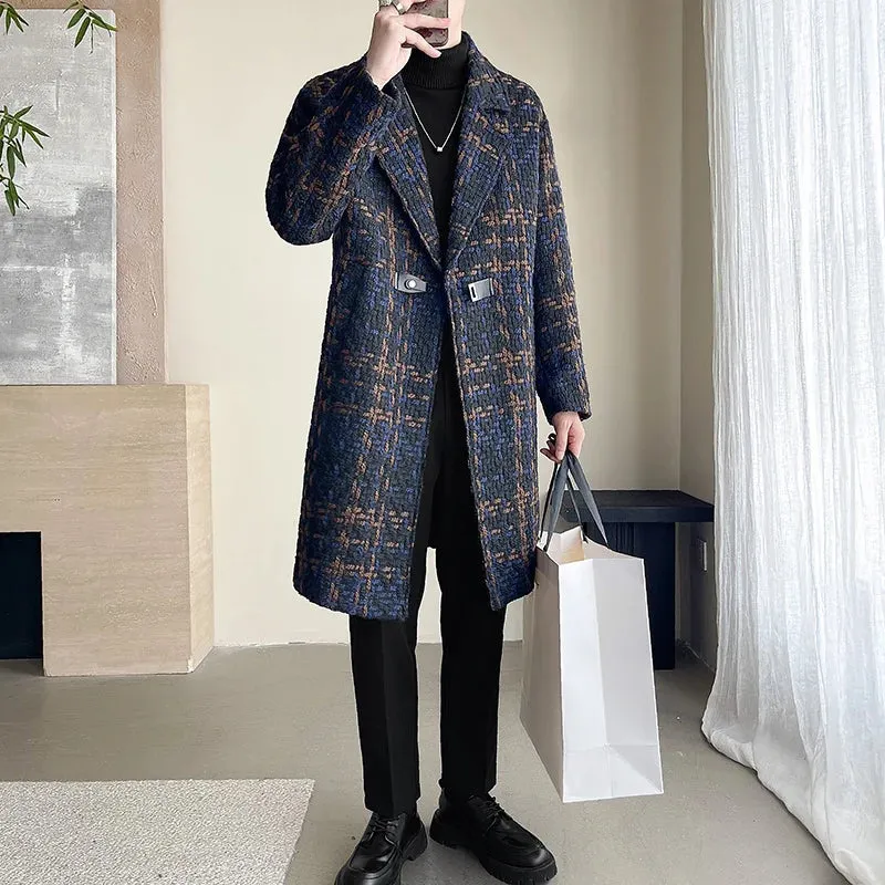 Ilooove British Style Jacquard Pattern Trench Coat Men Autumn Winter Mens Medium Long Coat Business Casual Streetwear Windbreaker