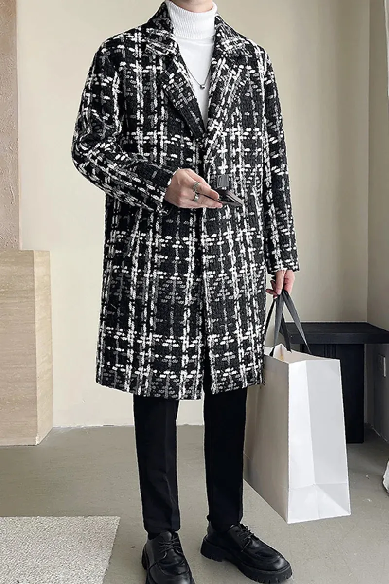 Ilooove British Style Jacquard Pattern Trench Coat Men Autumn Winter Mens Medium Long Coat Business Casual Streetwear Windbreaker