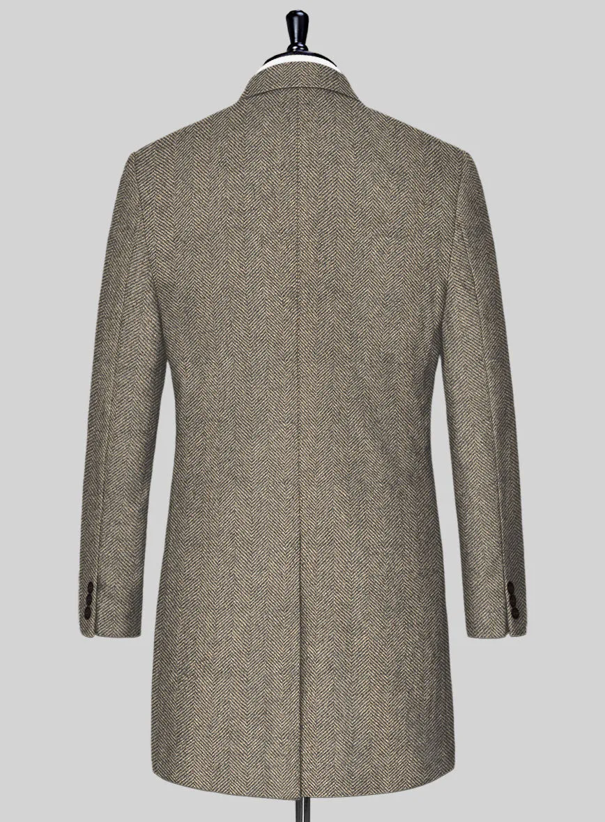 Italian Highlander Stone Beige Herringbone Tweed Overcoat