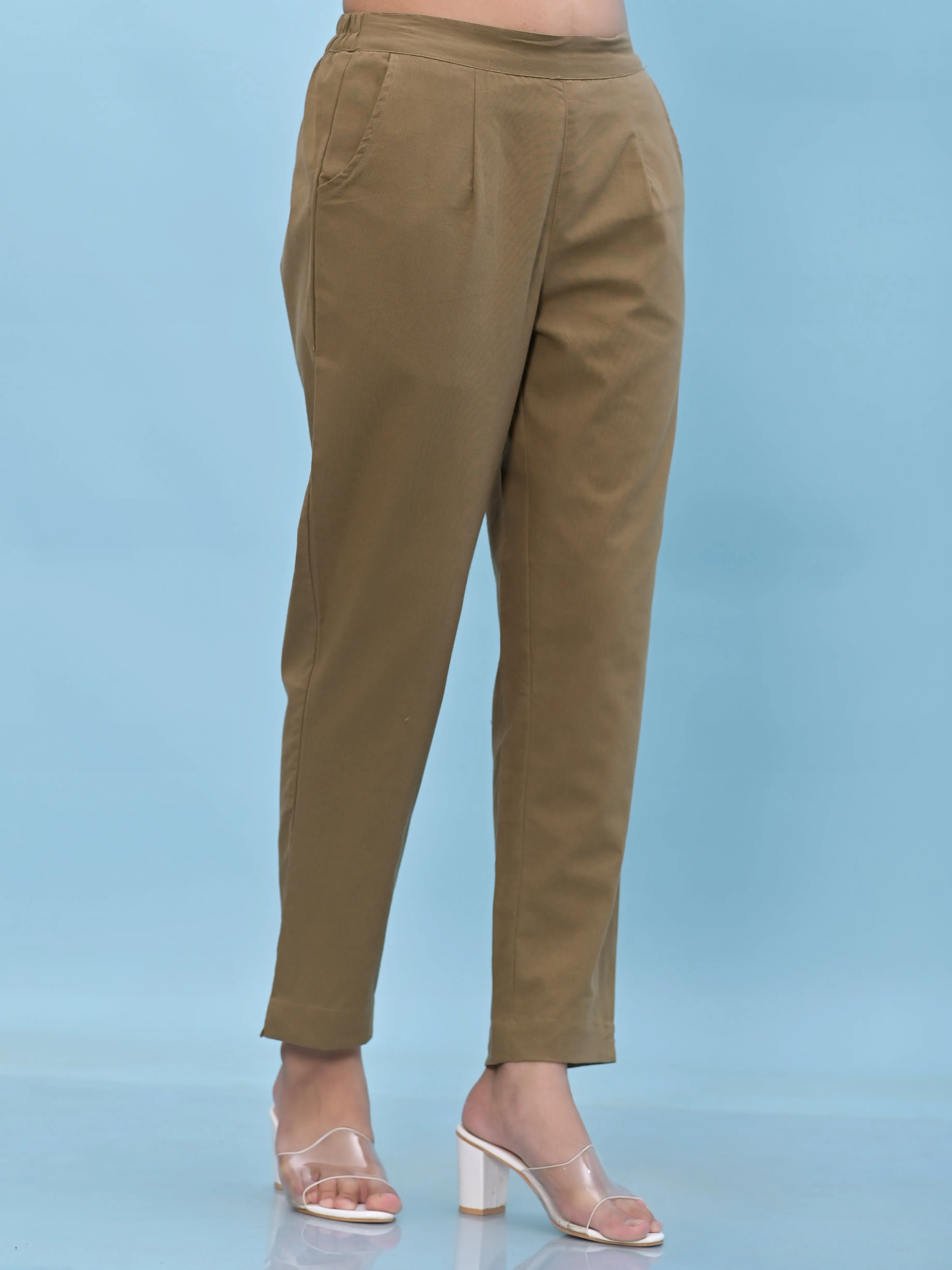 Jashvi Women Brown Solid Cotton Pants with Partially Elasticated Waistband and Two Side Pockets