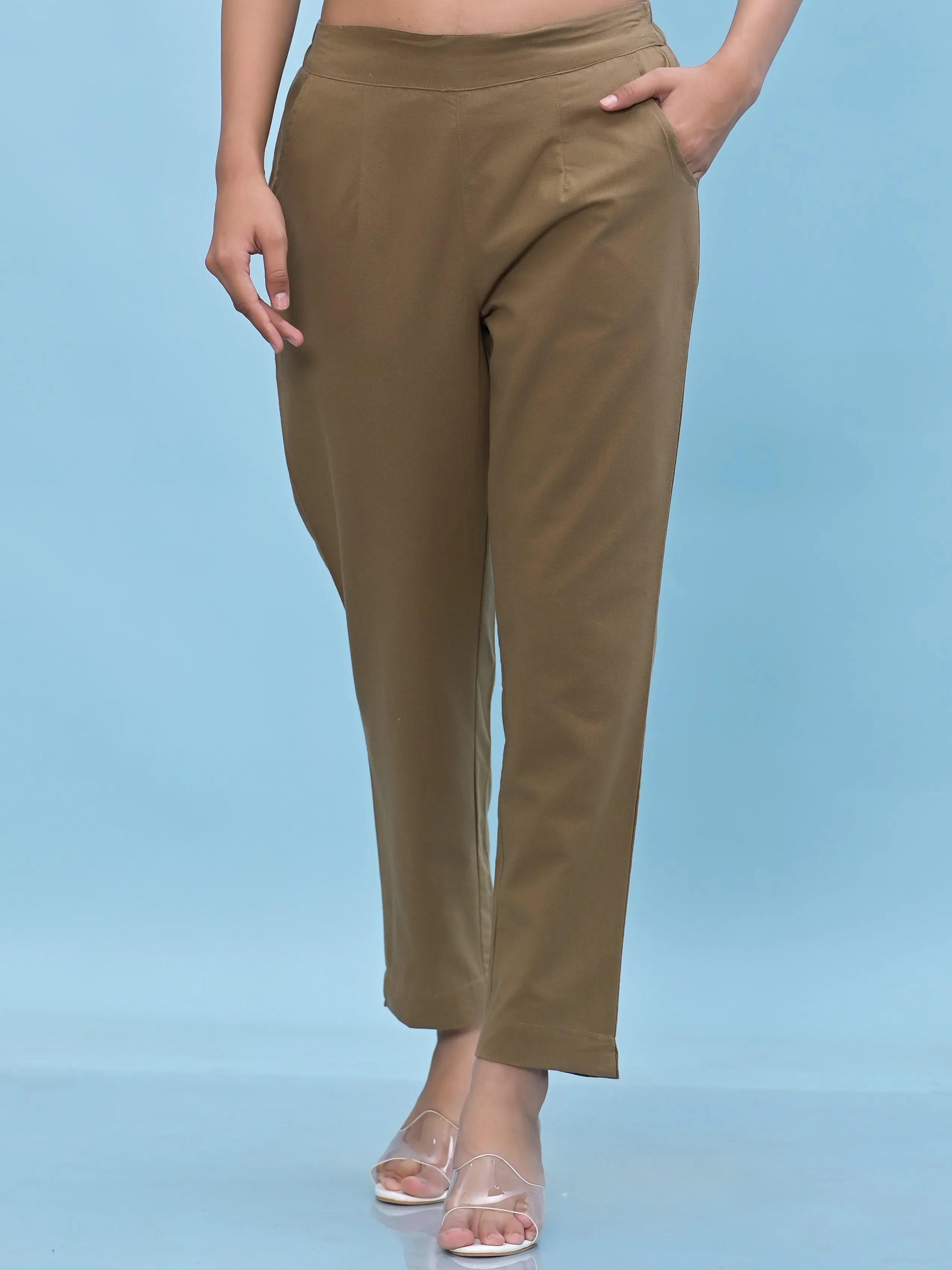 Jashvi Women Brown Solid Cotton Pants with Partially Elasticated Waistband and Two Side Pockets