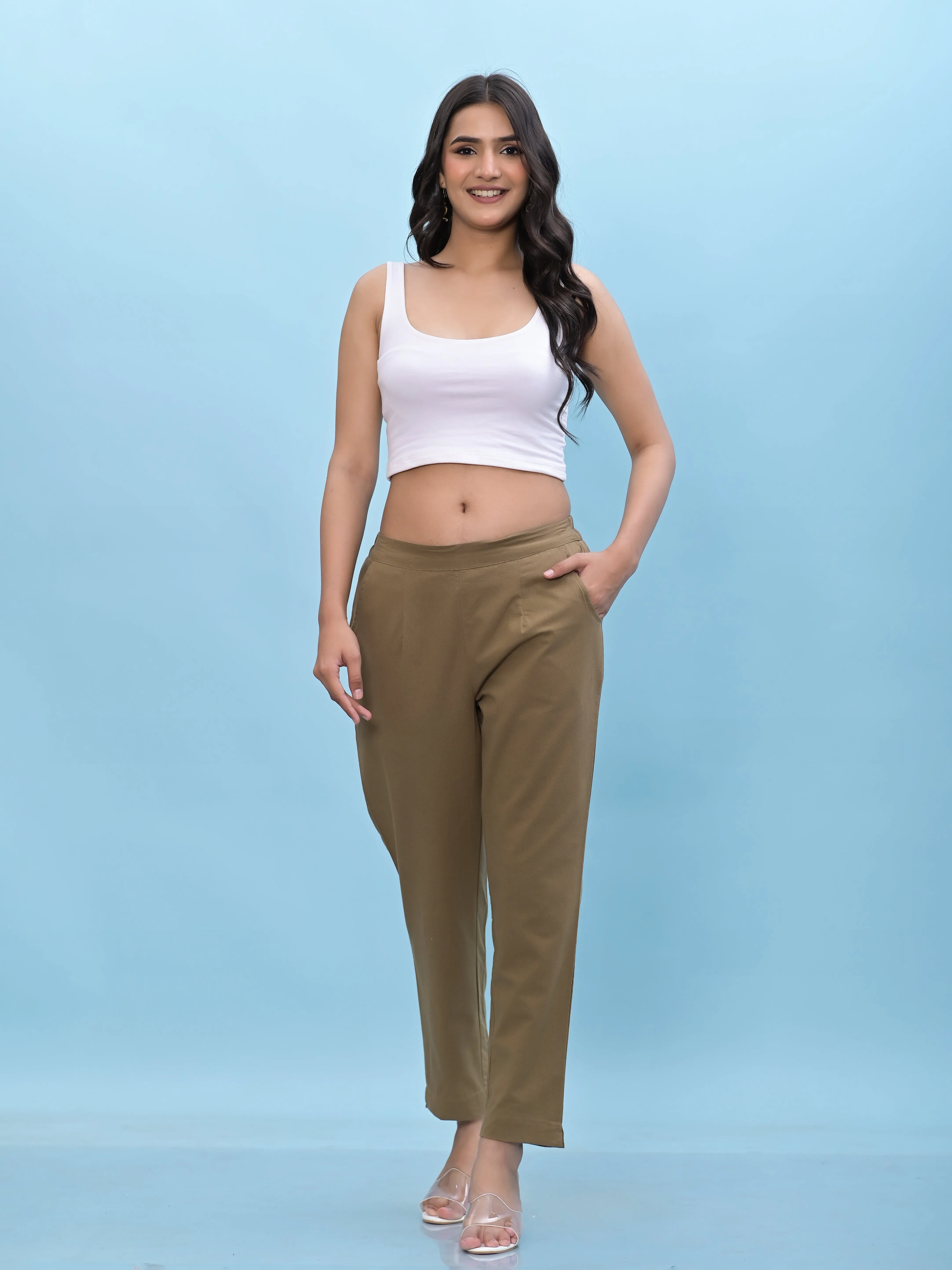 Jashvi Women Brown Solid Cotton Pants with Partially Elasticated Waistband and Two Side Pockets