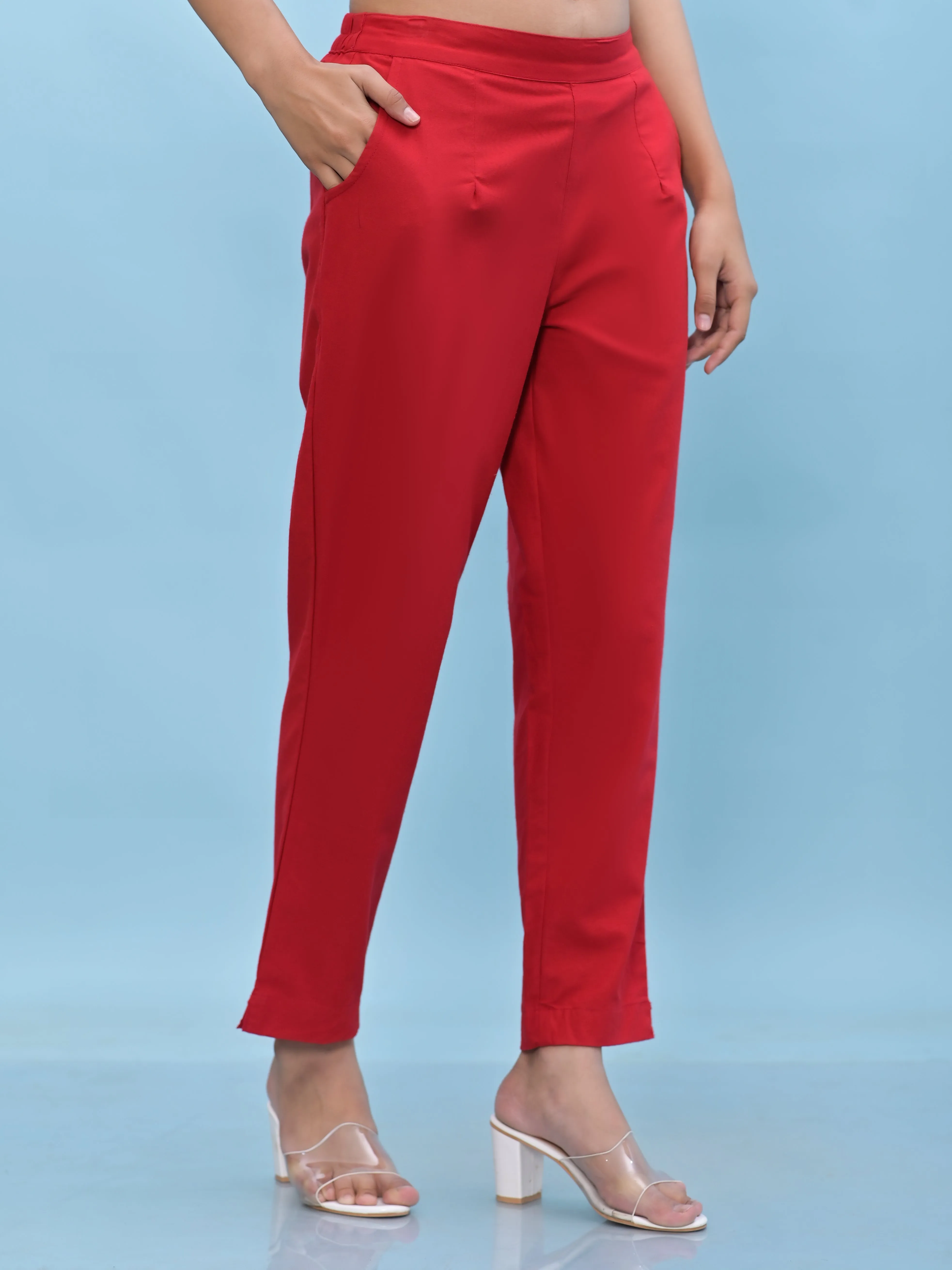 Jashvi Women Red Solid Cotton Pants with Partially Elasticated Waistband and Two Side Pockets