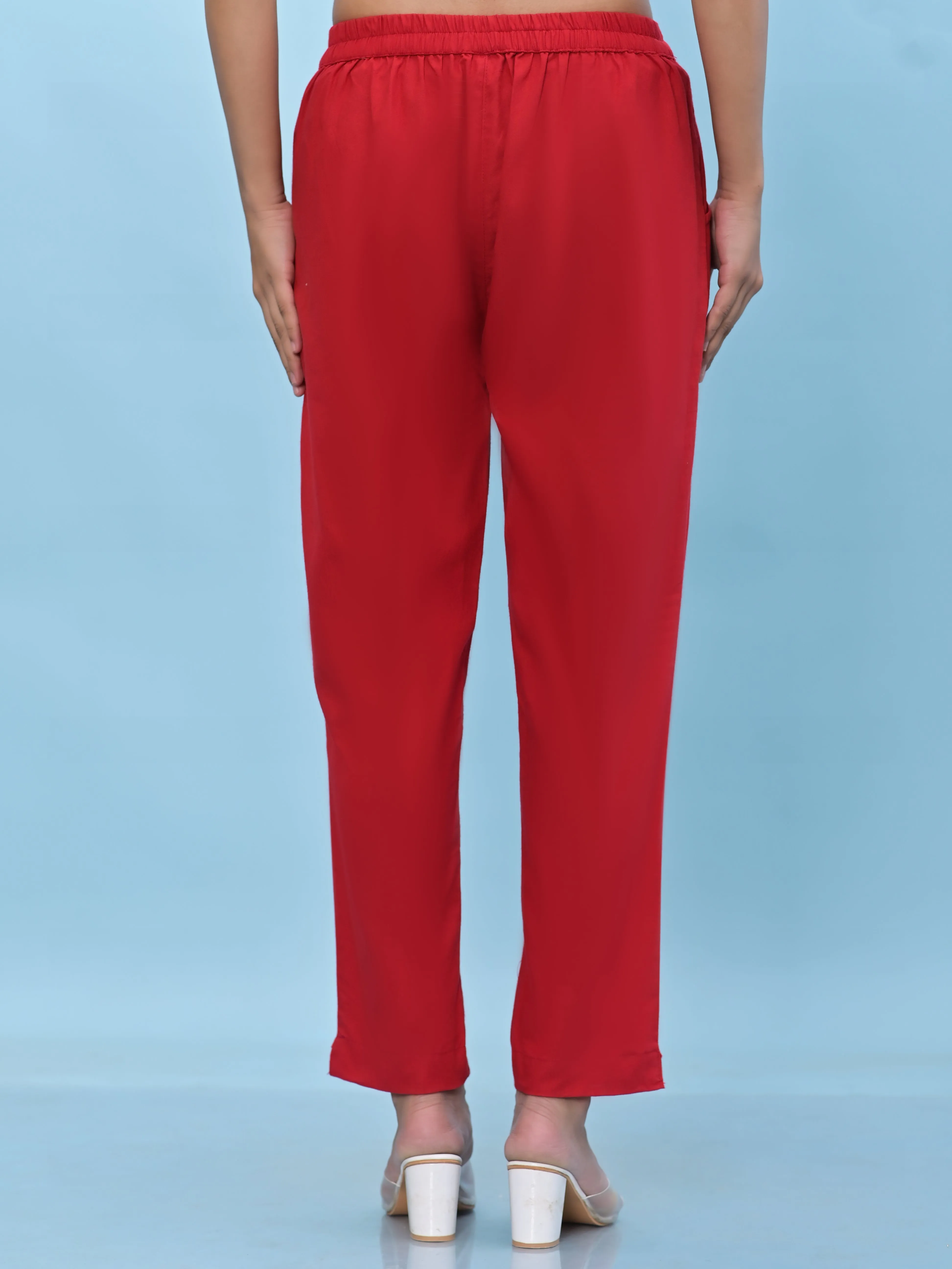 Jashvi Women Red Solid Cotton Pants with Partially Elasticated Waistband and Two Side Pockets