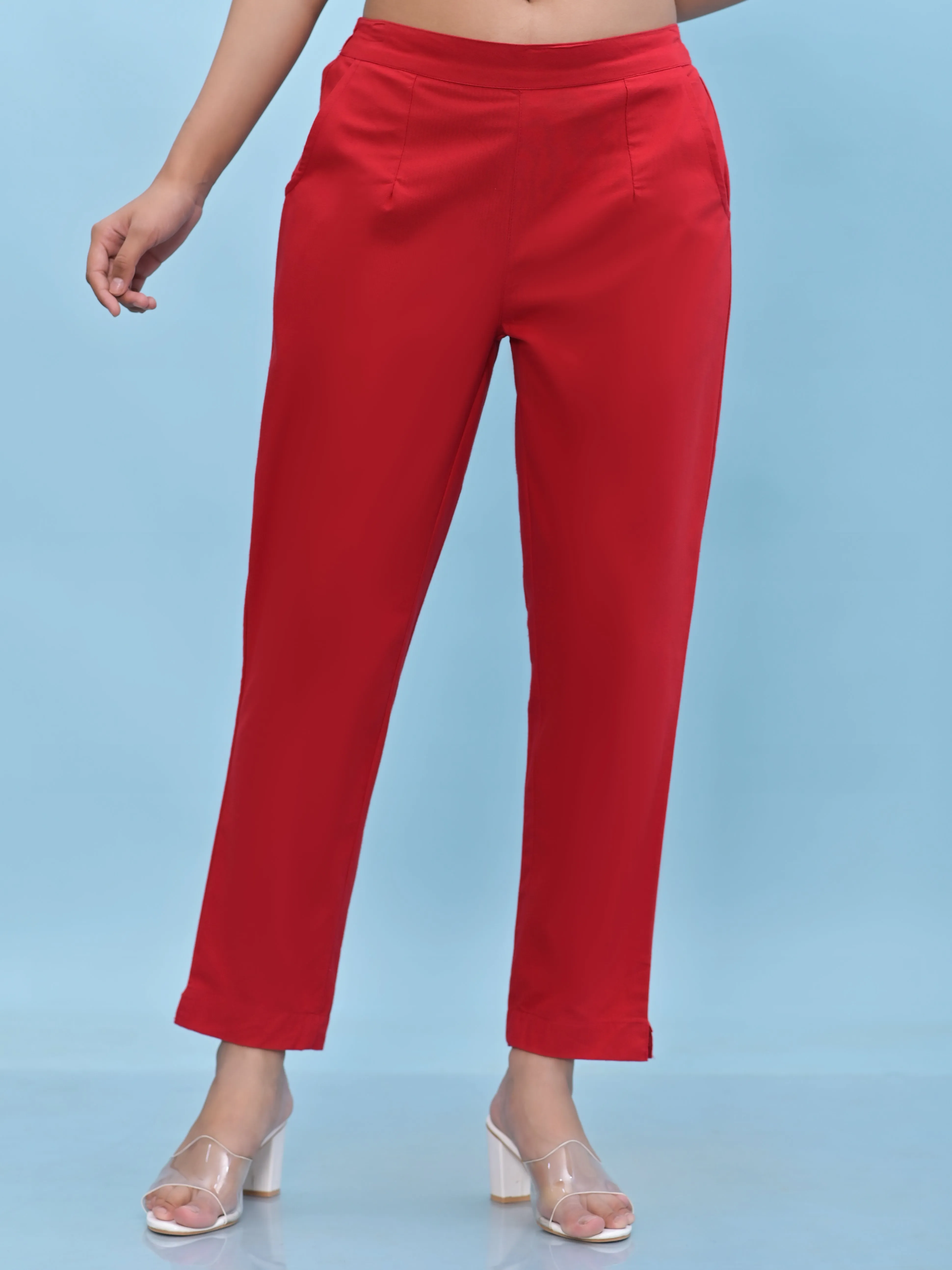 Jashvi Women Red Solid Cotton Pants with Partially Elasticated Waistband and Two Side Pockets