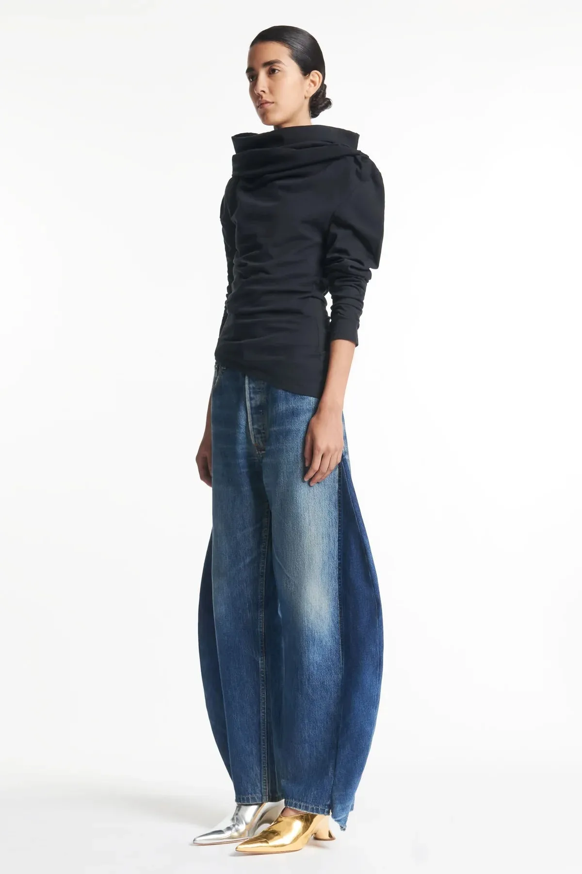 Jersey Cowl Neck Draped Top in Black by A.W.A.K.E. Mode