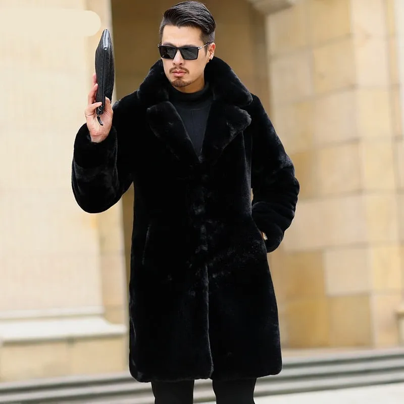 Jinquedai  Winter Long Black Thick Warm Fluffy Soft Faux Fur Coat Men Long Sleeve Lapel Plus Size Korean Fashion Men 4xl 5xl