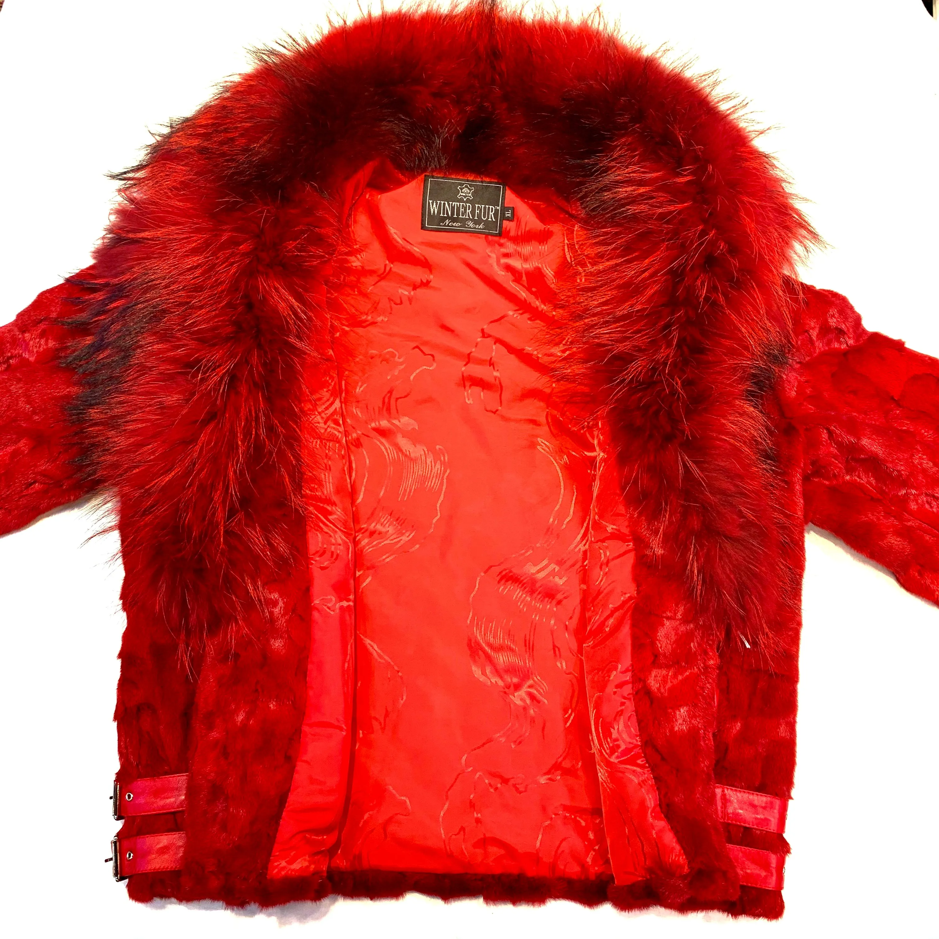 Kashani Mink Red Detachable Fox Collar Biker Jacket